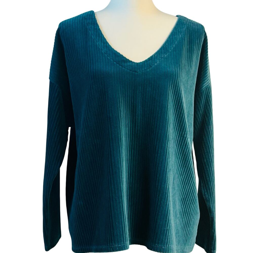 J. Jill Velvet Ribbed V-Neck Long Sleeve Pullover Sweater Women L Dark Teal Blue